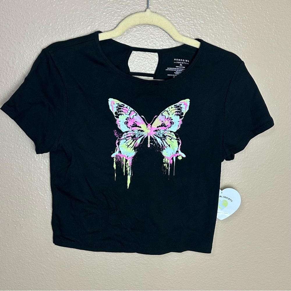 Black Crop Top with Colorful Butterfly Design